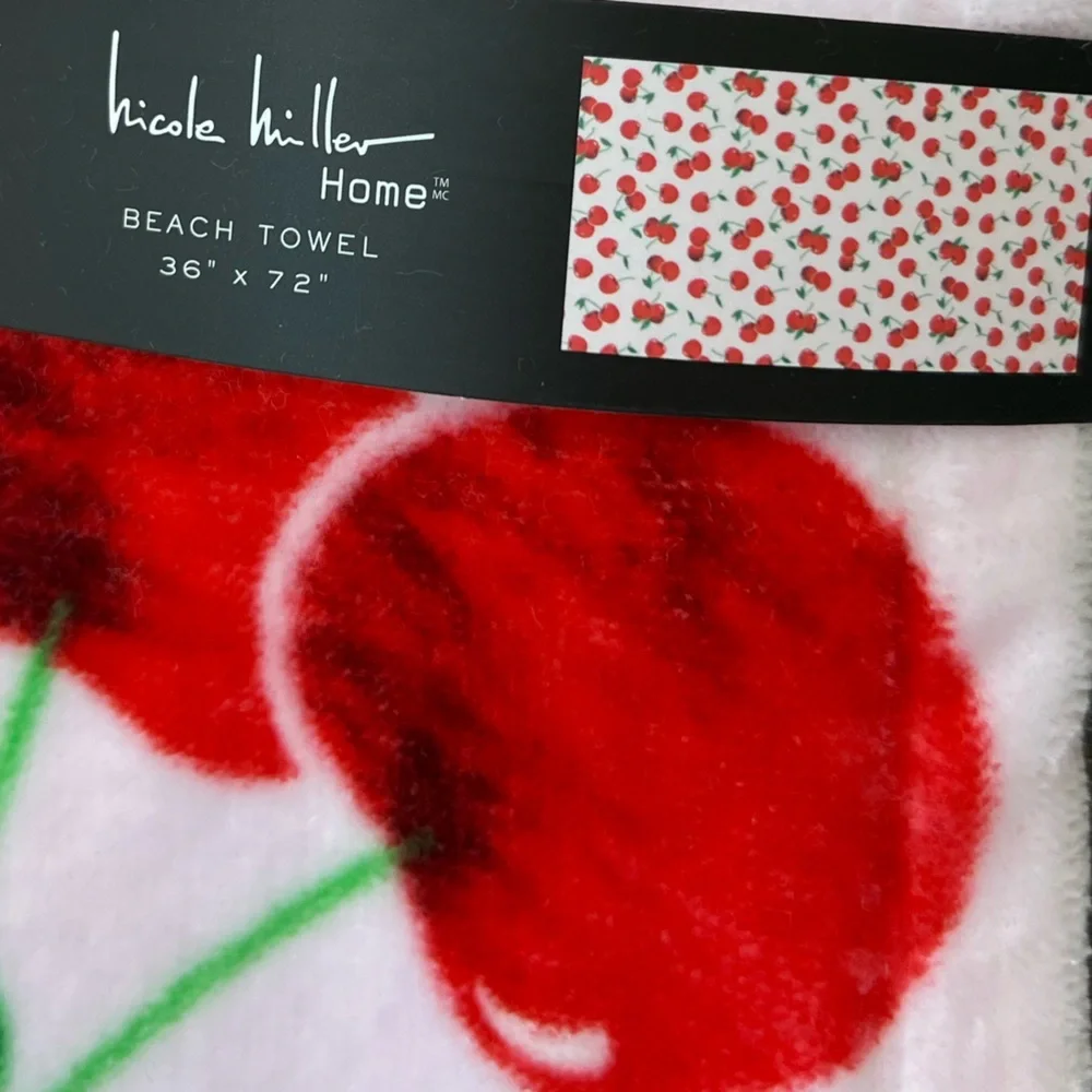 Nicole Miller - ‘Cherries’ Oversized Designer beach towel. 36“ x 72“. NWT. Firm!